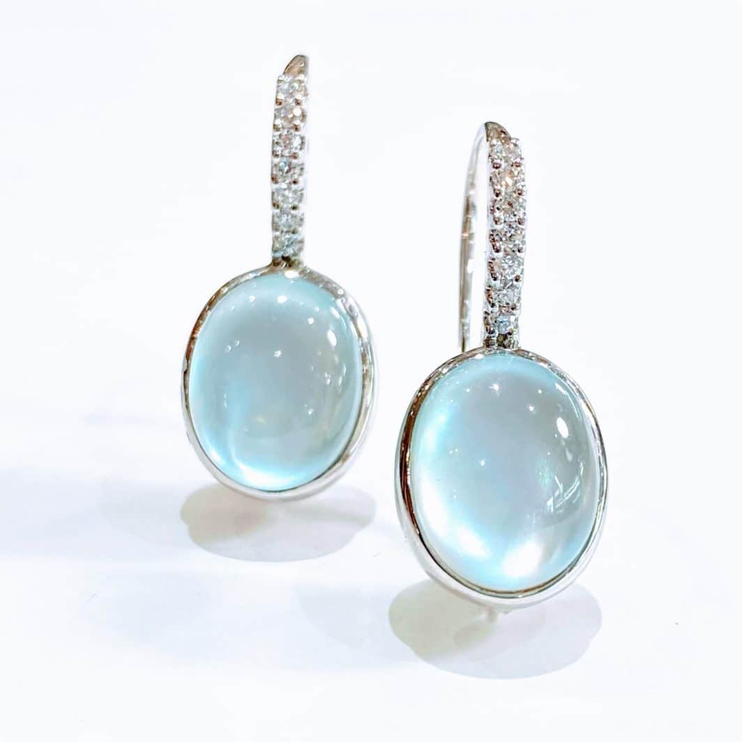 14Kt White Gold Earrings With Moonstone and Diamonds