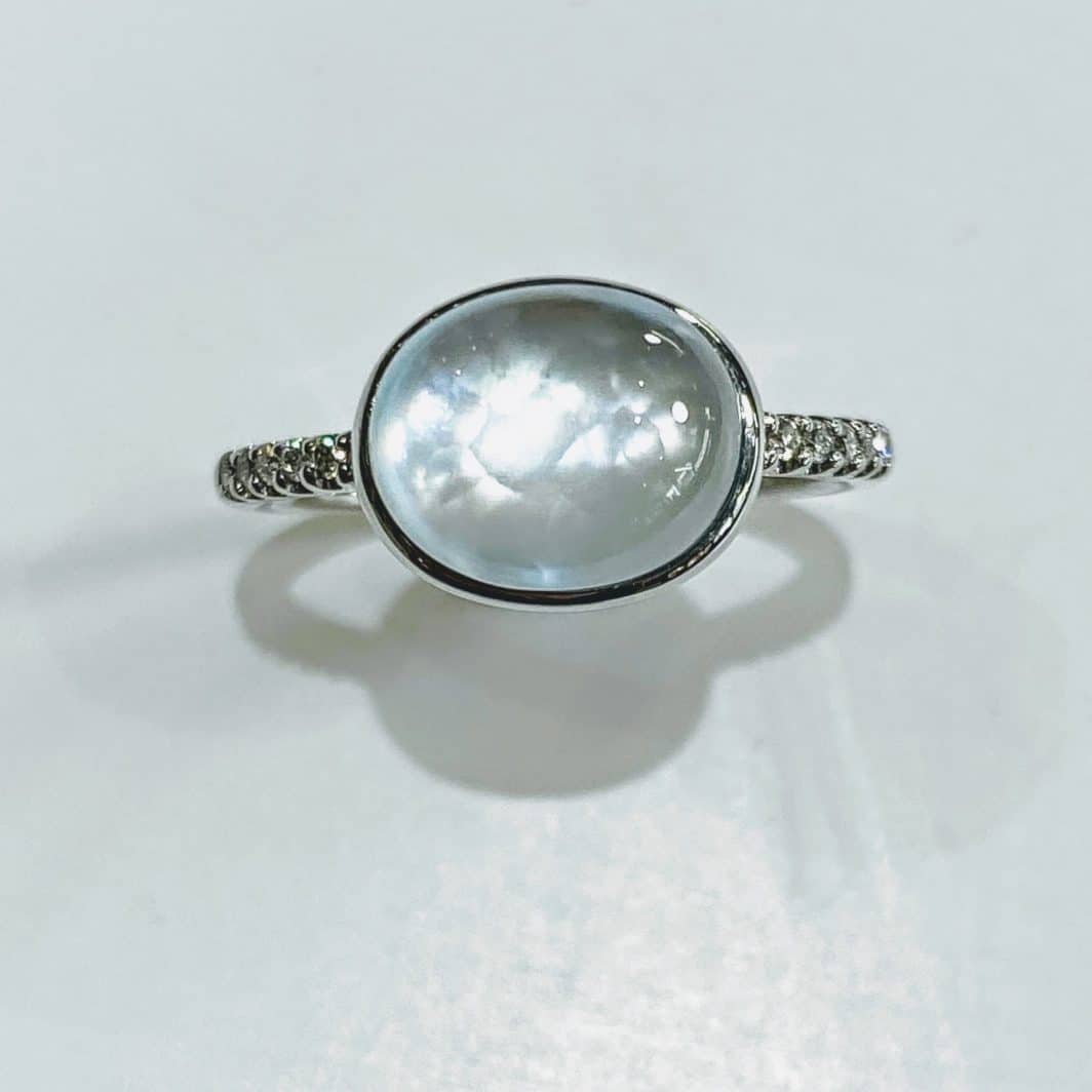 14k White Gold With Sky Blue Moon Stone and Diamonds