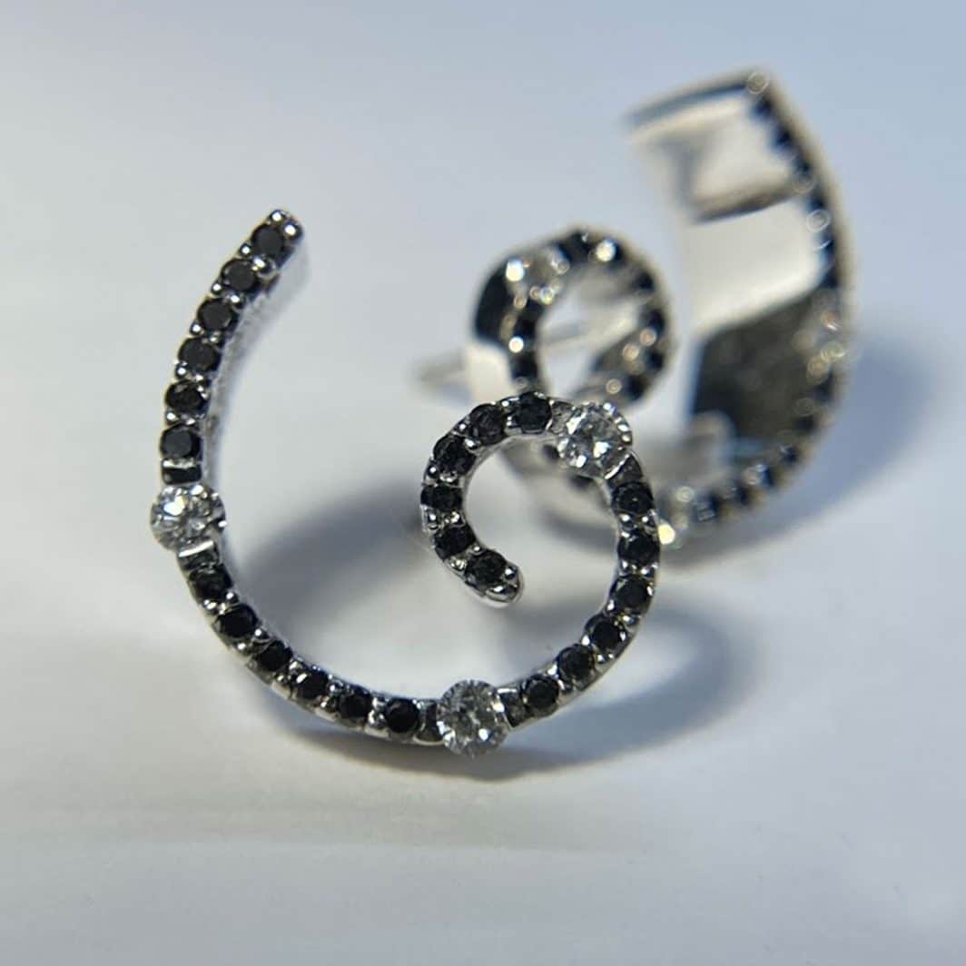 Contemporary Black and White Diamond Spiral Earrings